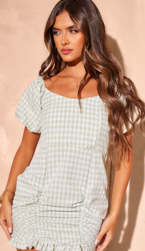 Sage Gingham Puff Sleeve Bodycon Dress