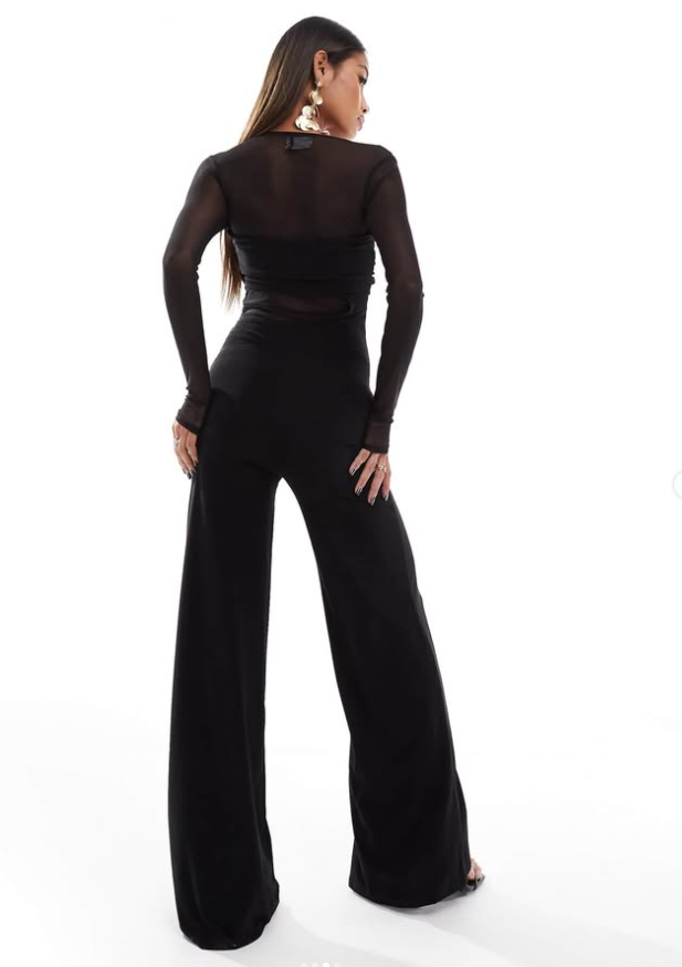 Asos - long sleebe mesh mix jumpsuit with twist bust in blaxk