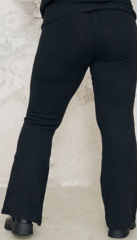 Plus Black Melange Soft Knit Foldover Waist Flared Trousers