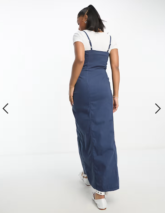 Monki denim midi pinafore dress in mid wash blue