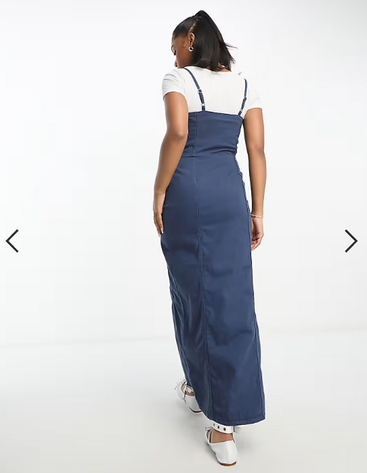 Monki denim midi pinafore dress in mid wash blue