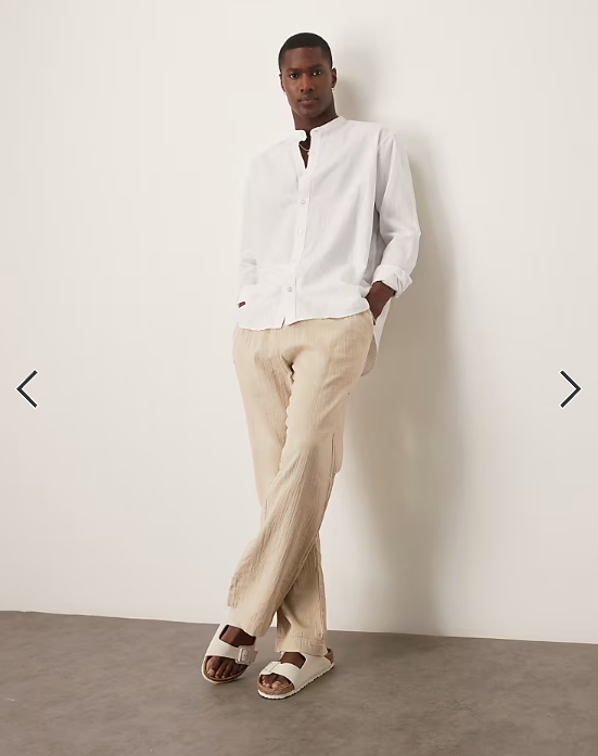 Selected long sleeve band collar linen blend shirt in white