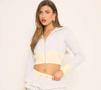 Long Sleeve Contrast Detail Cropped Zip Up Hoodie In Grey