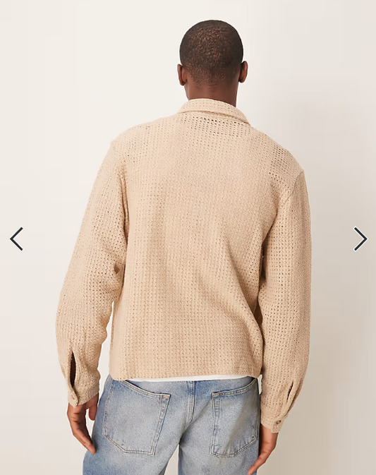ASOS DESIGN boxy oversized shirt with knitted textured in stone