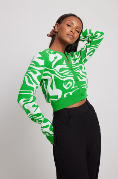Na-kd -  Jacquard Knitted Cropped Cardigan Green & White
