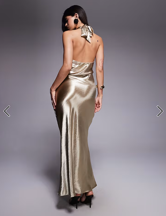 Aria Cove hammered satin knot front halterneck scarf hem detail maxi dress in gold
