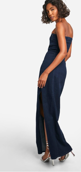 boohoo Tall Bandeau High Leg Split Denim Maxi Dress
