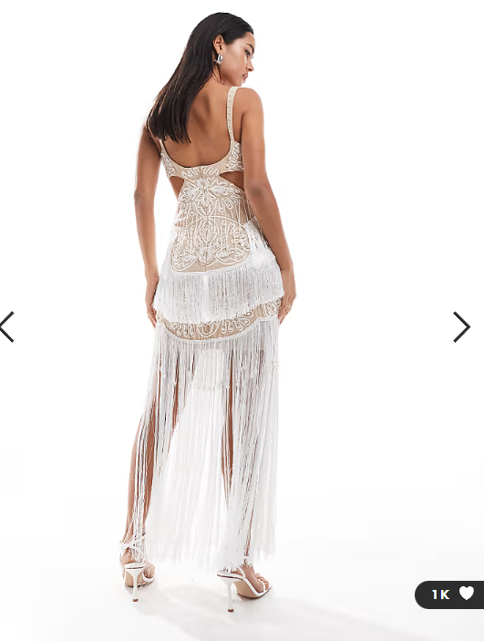 ASOS DESIGN cupped embellished cut out maxi dress with fringing in stone