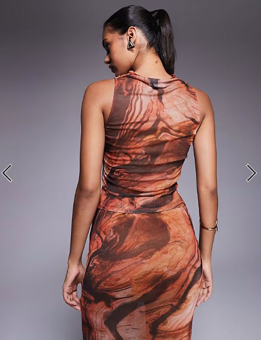 ASOS DESIGN mix & match sheer mesh high cowl neck tank top in orange abstract print