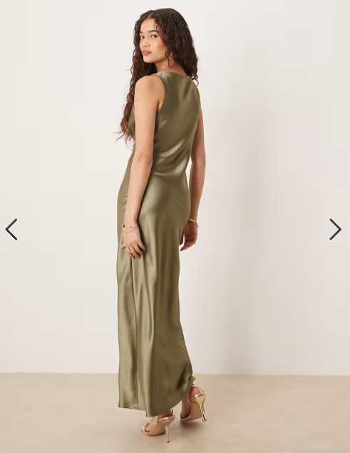 Gina Tricot satin v neck shape maxi dress in khaki