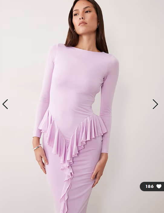 Ruched & Ready sculpting long sleeve ruffle drape detail maxi dress in lilac