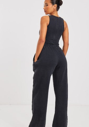 Washed Black Scoop Neck Sweat Wide Leg Jumpsuit