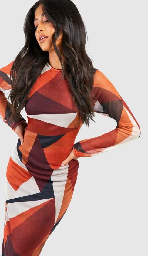 Boohoo - Petite Mesh Long Sleeve Midaxi Dress - multi