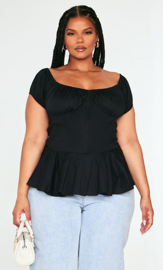 Plus Black Poplin Peplum Hem Long Top