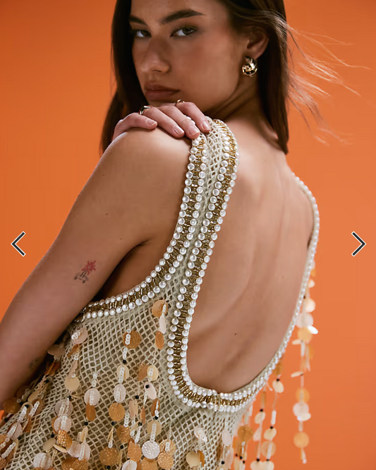 ASOS DESIGN crochet mini dress with shell effect fringe beading in natural
