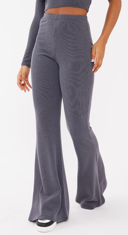 Charcoal Two Tone Crinkle Rib Skinny Flared Trousers