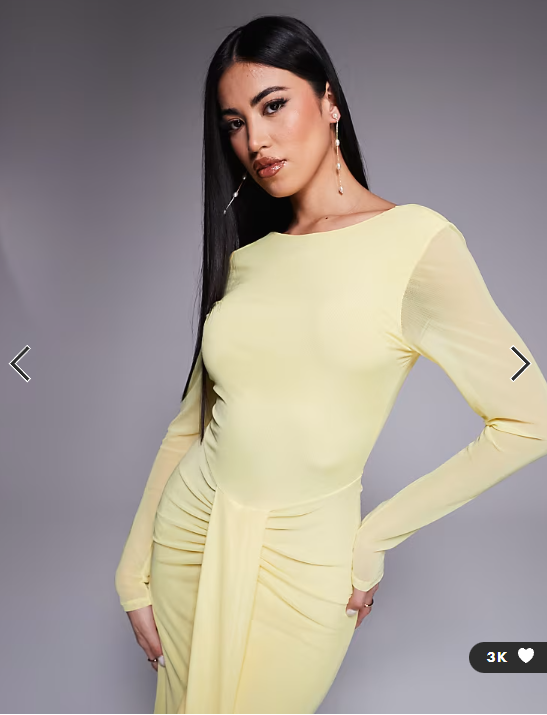 ASOS DESIGN mesh long sleeve slash neck open back maxi dress with sash in pastel yellow