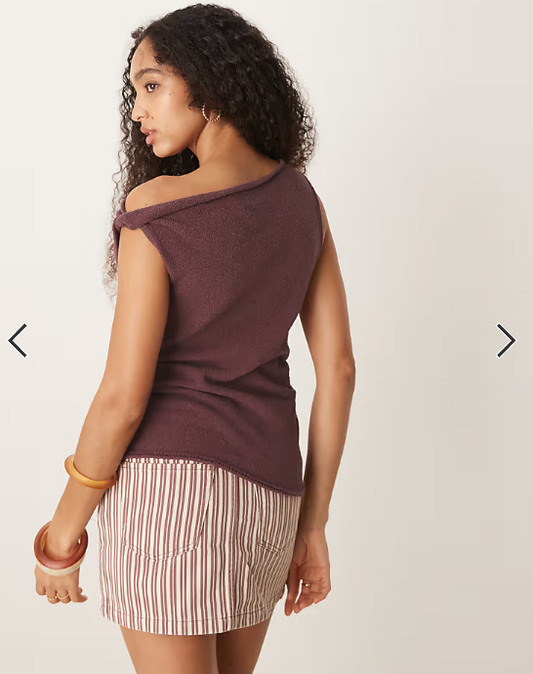 ASOS DESIGN knitted draped asymmetric slub one shoulder top in burgundy