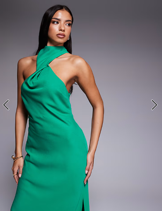 ASOS DESIGN twist neck midi dress with hardware trim in green