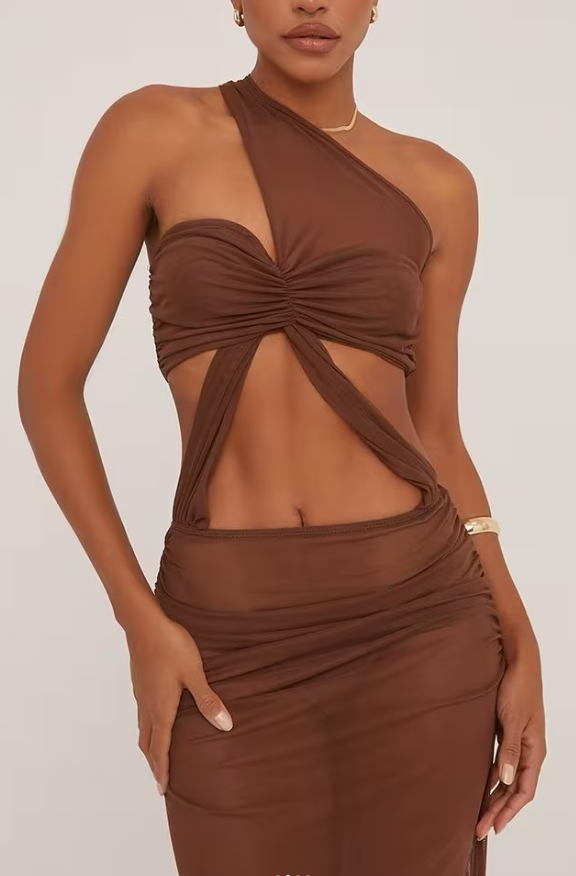 Ego - One shoulder twisted mesh maxi dress