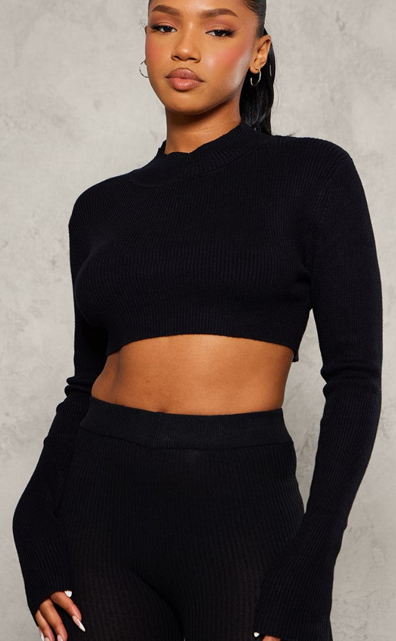 Black Knitted Cropped Crew Neck Jumper