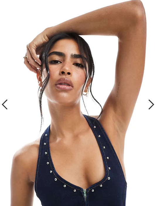 ASOS DESIGN denim halter neck top co-ord with zip front and studs in indigo