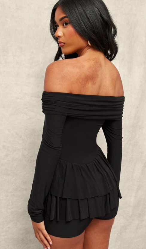 Black Slinky Long Sleeve Bardot Rara Skort Playsuit