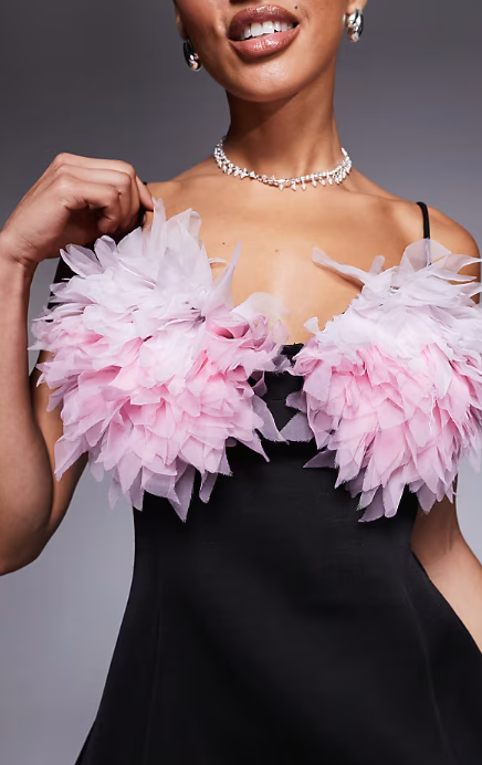 ASOS DESIGN a-line mini dress with 3D organza petal bust in black in scuba-style fabric