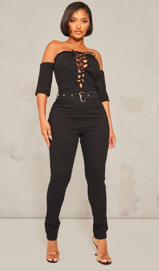 Shape Black Lace Up Bardot Stretch Denim Jumpsuit