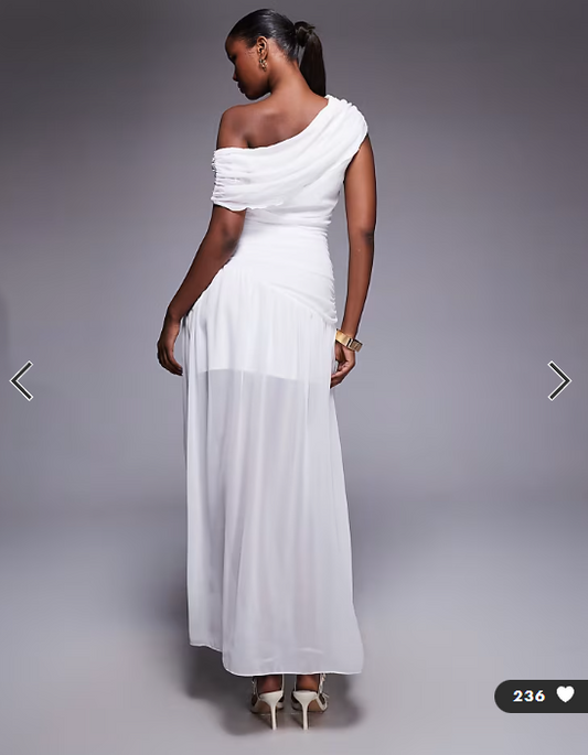 Fashionkilla exclusive chiffon off shoulder asymmetric hem gathered sheer hem maxi dress in white