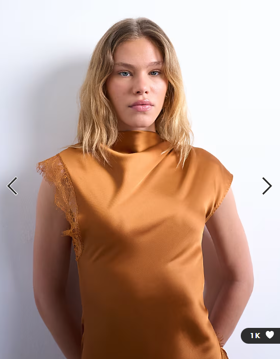 Topshop satin drape neck maxi dress with lace trim in caramel