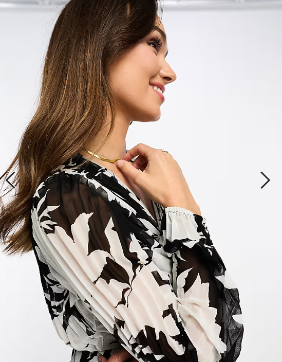 ASOS DESIGN pleated bodice plunge neck midi dress in mono floral print