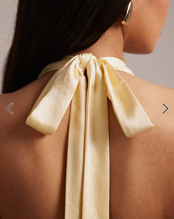 Six Stories Bridesmaids satin plunge neck knot detail maxi dress in lemon