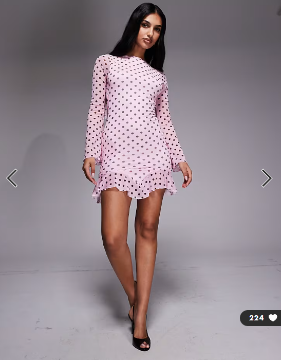 Kaiia exclusive slinky long sleeve ruffle hem open back mini dress in pink and black polka dot