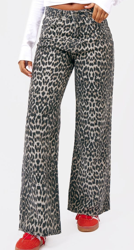 Brown Leopard Print Denim Wide Leg Denim Jean