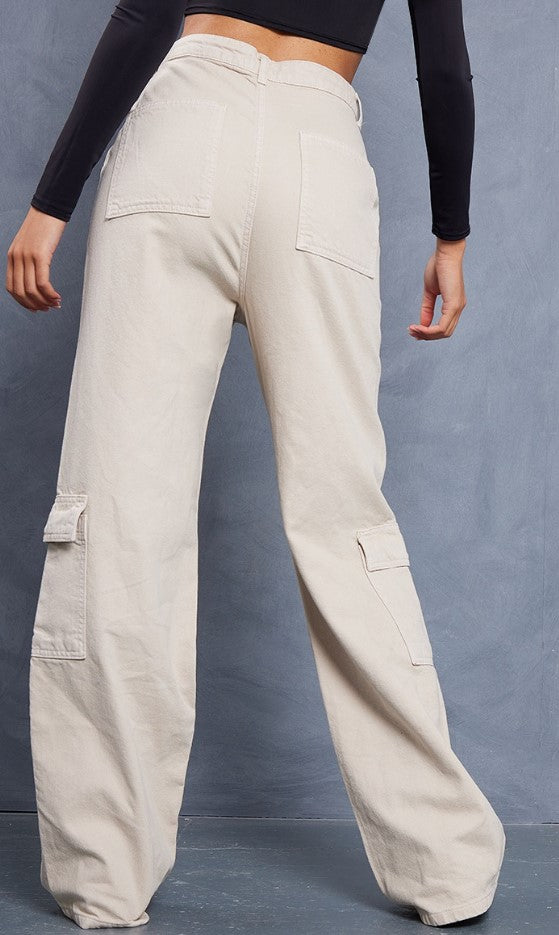 Tall Oatmeal Cargo Pocket High Waist Baggy Wide Leg Jeans