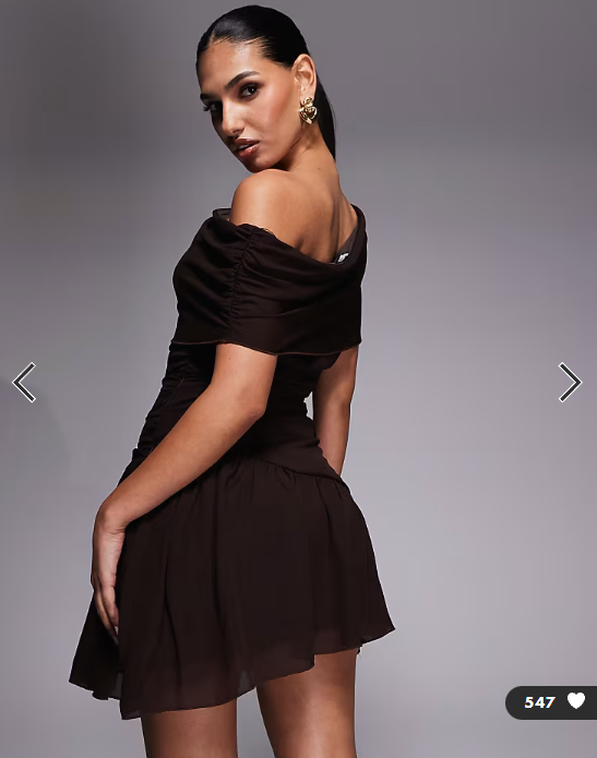Fashionkilla exclusive chiffon off shoulder asymmetric hem gathered mini dress in chocolate