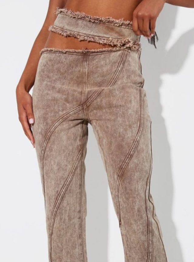 Plt - Brown Acid Wash Frayed Edge Cut Out Asymmetric Flared Denim Jeans