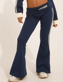 Low Rise Fold Over Waistband League Graphic Contrast Stripe Flared Joggers In Navy Blue