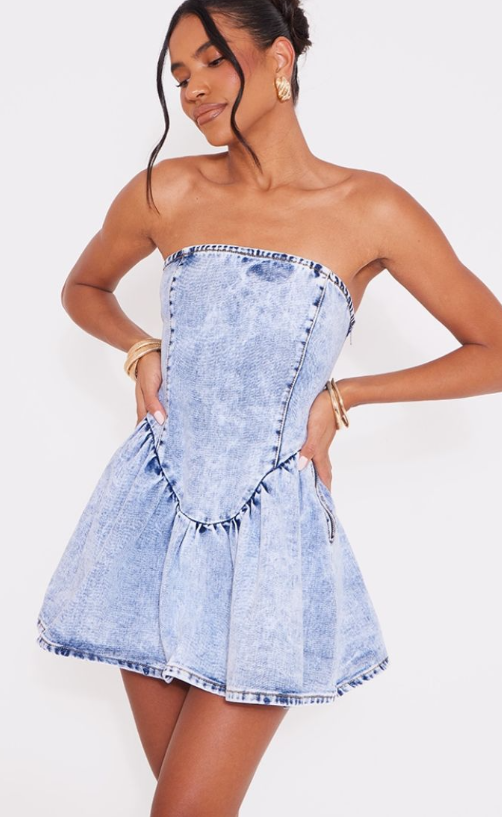 Ice Blue Lace Up Corset Style Back Denim Puffball Dress