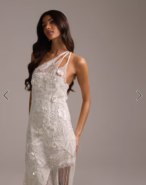Asos - embellished one shoulder cutwork midi dress with asymmetric fringe hem in white