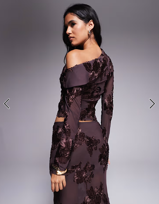 Kaiia exclusive textured floral asymmetric fallen shoulder long sleeve top in chocolate - part of a set