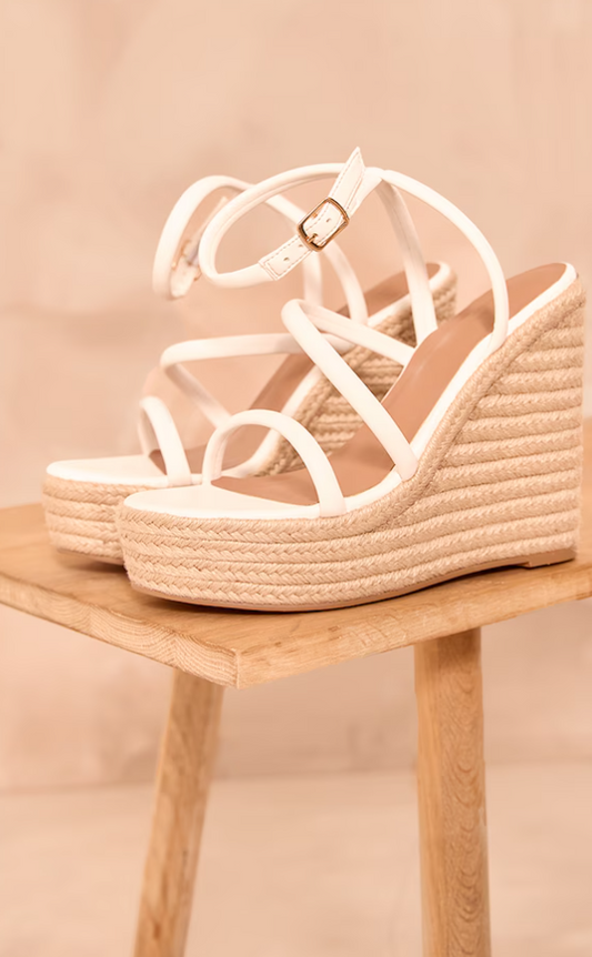 White Wide Fit Pu Round Toe Asymmetric Strap Platform Heeled Wedges