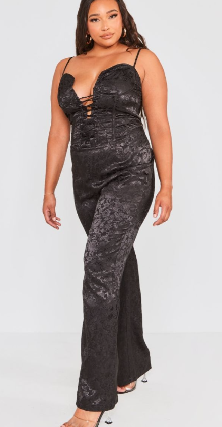 Plt - Plus Black Jacquard Lace Up Corset Jumpsuit