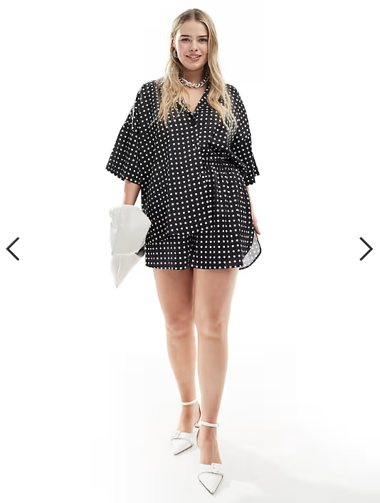ASOS DESIGN Curve satin revere shirt in mono spot print co-ord
