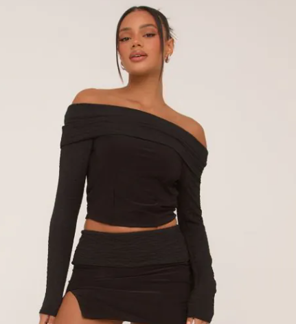Fold Over Bardot Top In Black Texture