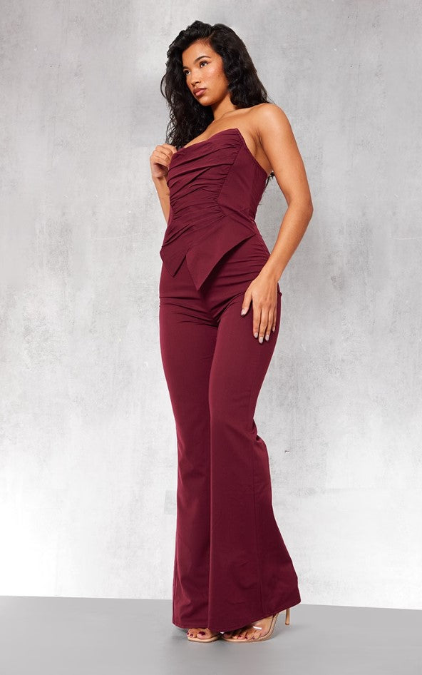 Cherry Red Ruch Pointed Corset Bandeau Jumpsuit