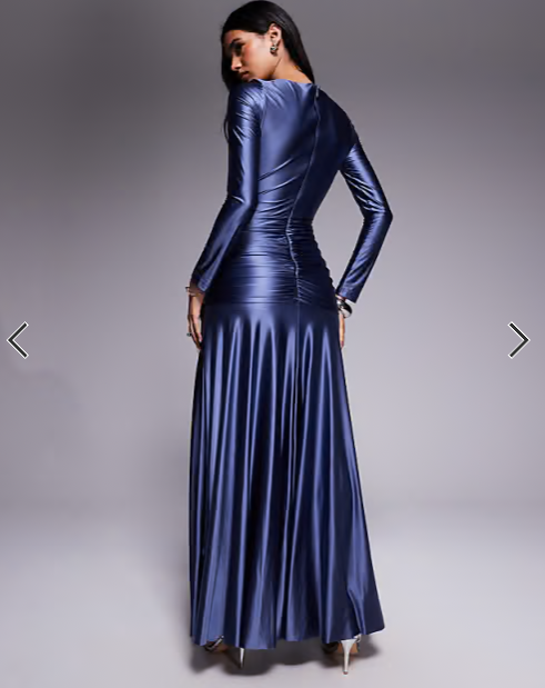 Rare London jersey satin ruched waist side split floaty skirt maxi dress in dark blue
