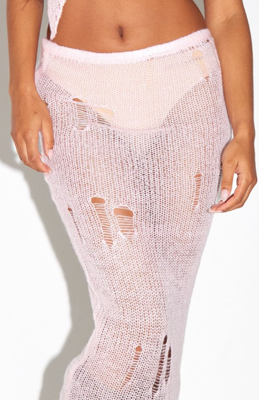 Baby Pink Distressed Open Knit Midi Skirt
