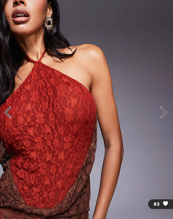 ASOS DESIGN lace halter maxi dress with twist skirt detail in red and chocolate